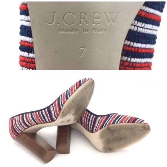 J.CREW Etta Tweed Woven Stripe Round Toe Block Heel Pumps in Blue with Red - Picture 8 of 9